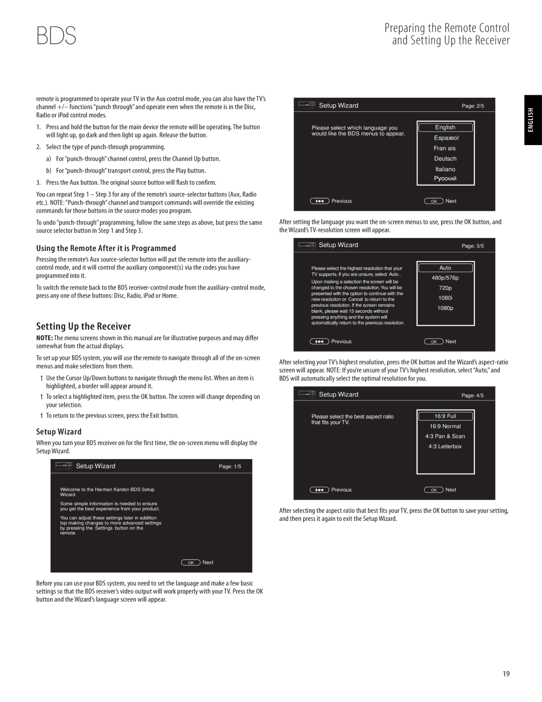 Harman-Kardon 950-0321-001 owner manual Setting Up the Receiver, Using the Remote After it is Programmed, Setup Wizard 