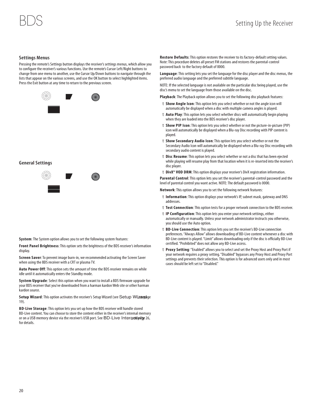 Harman-Kardon 950-0321-001 Settings Menus, General Settings, Network Setup Wizard Select to adjust system settings 