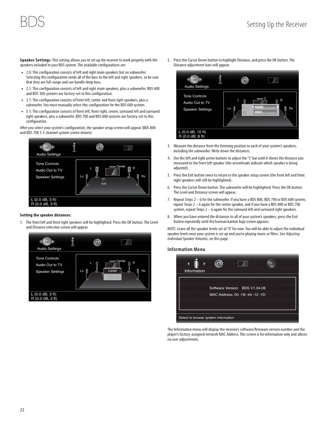 Harman-Kardon 950-0321-001 owner manual Information Menu, Setting the speaker distances 