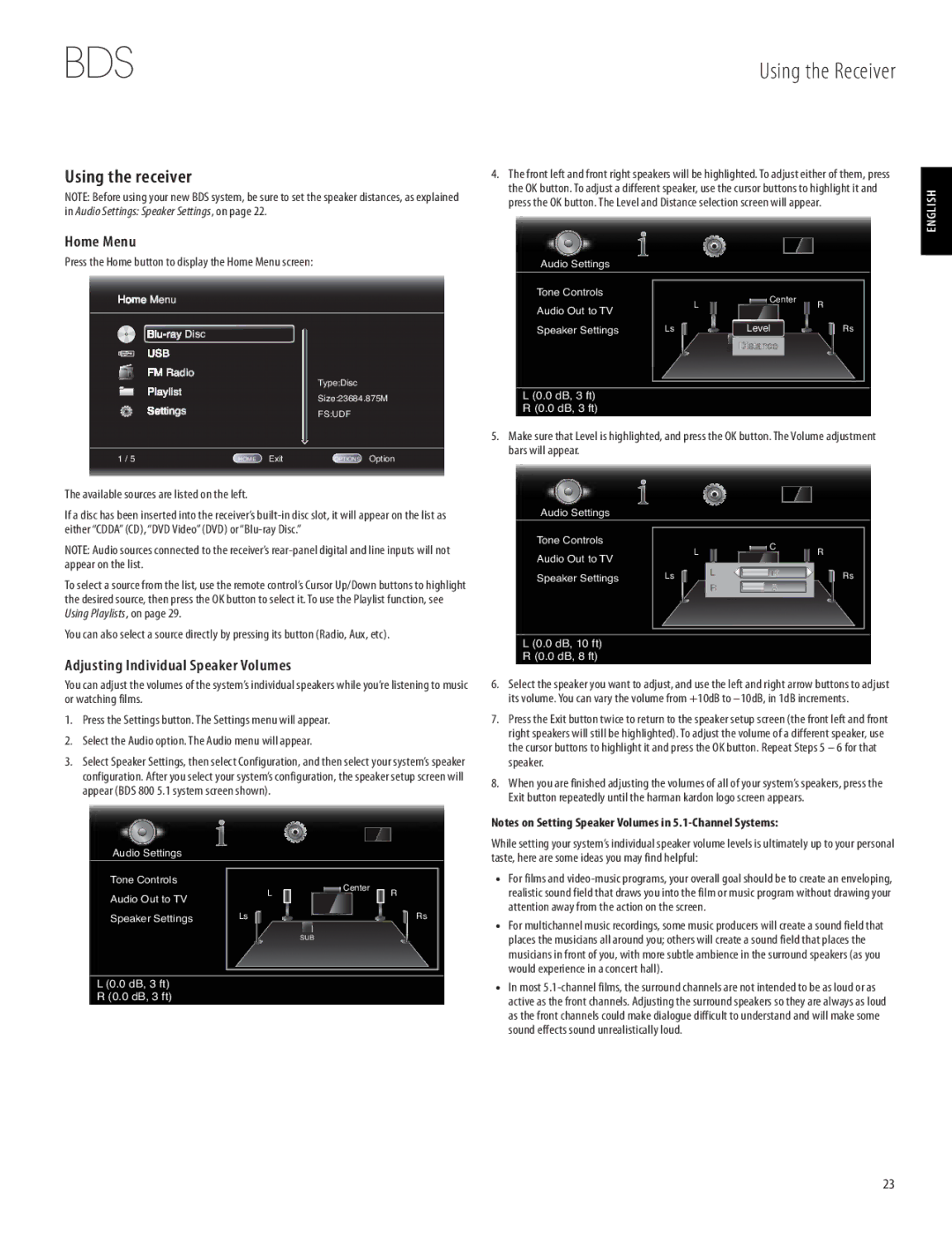 Harman-Kardon 950-0321-001 owner manual Using the receiver, Home Menu, Adjusting Individual Speaker Volumes 