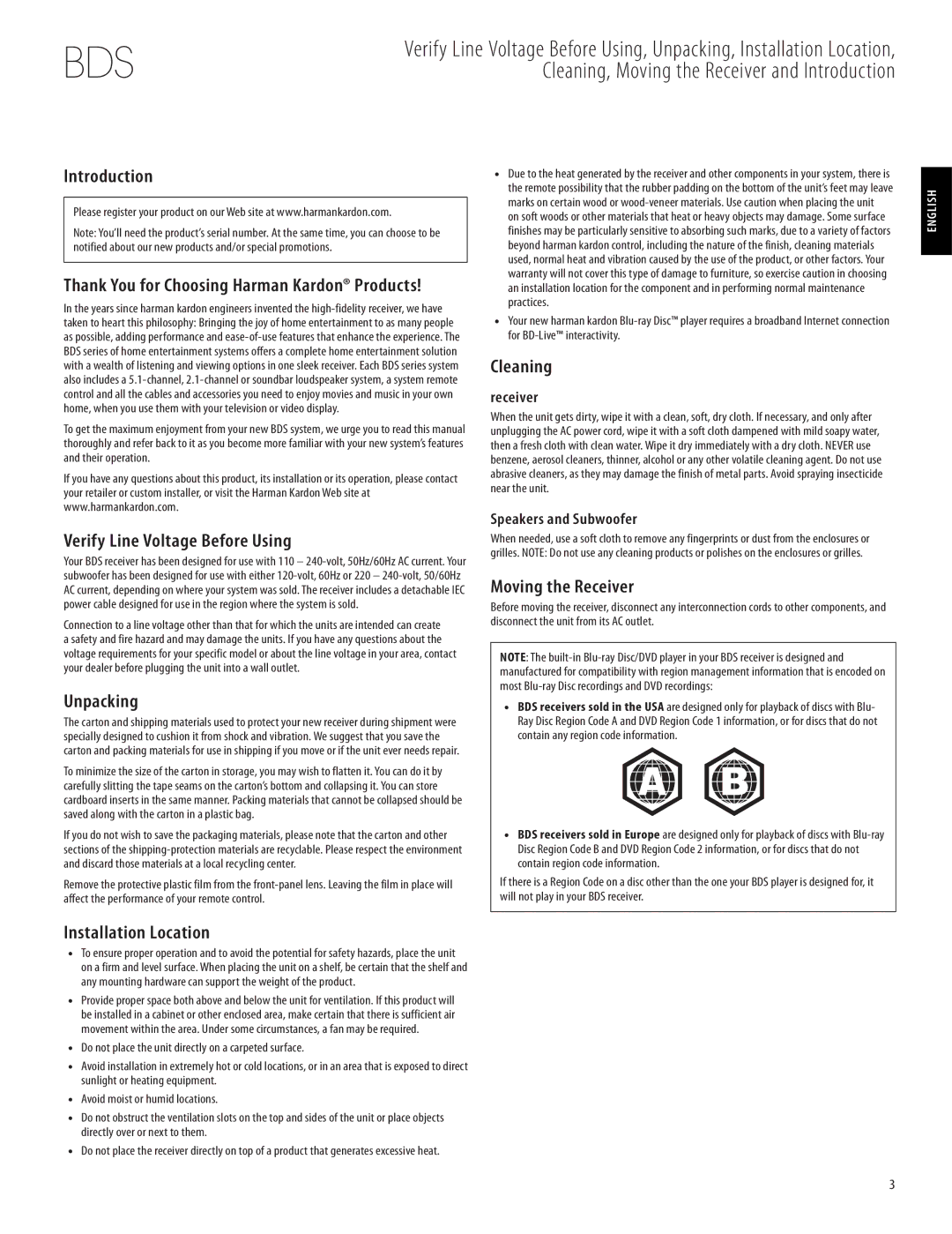 Harman-Kardon 950-0321-001 Introduction, Verify Line Voltage Before Using, Unpacking, Installation Location, Cleaning 