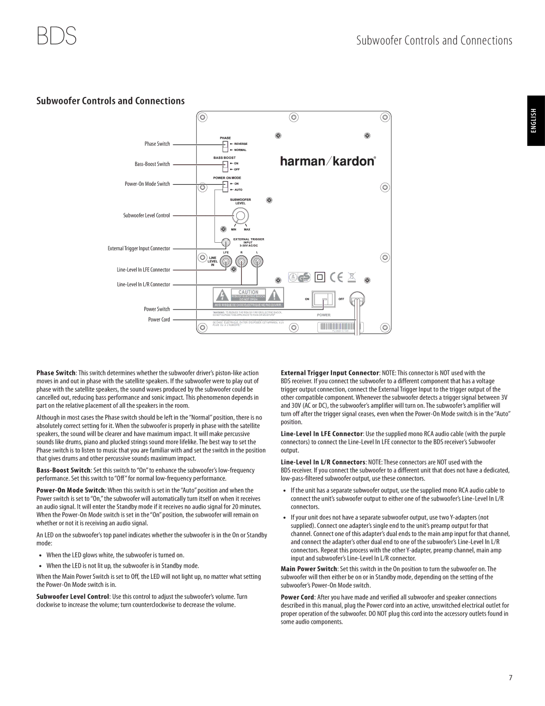 Harman-Kardon 950-0321-001 owner manual Subwoofer Controls and Connections, Power Switch Power Cord 