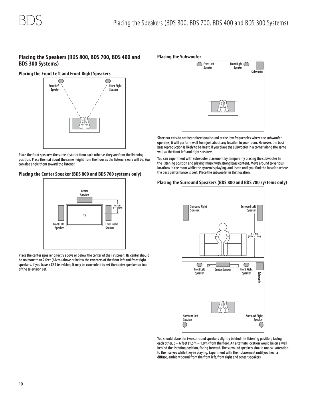 Harman-Kardon 950-0321-001 owner manual Placing the Front Left and Front Right Speakers, Placing the Subwoofer 