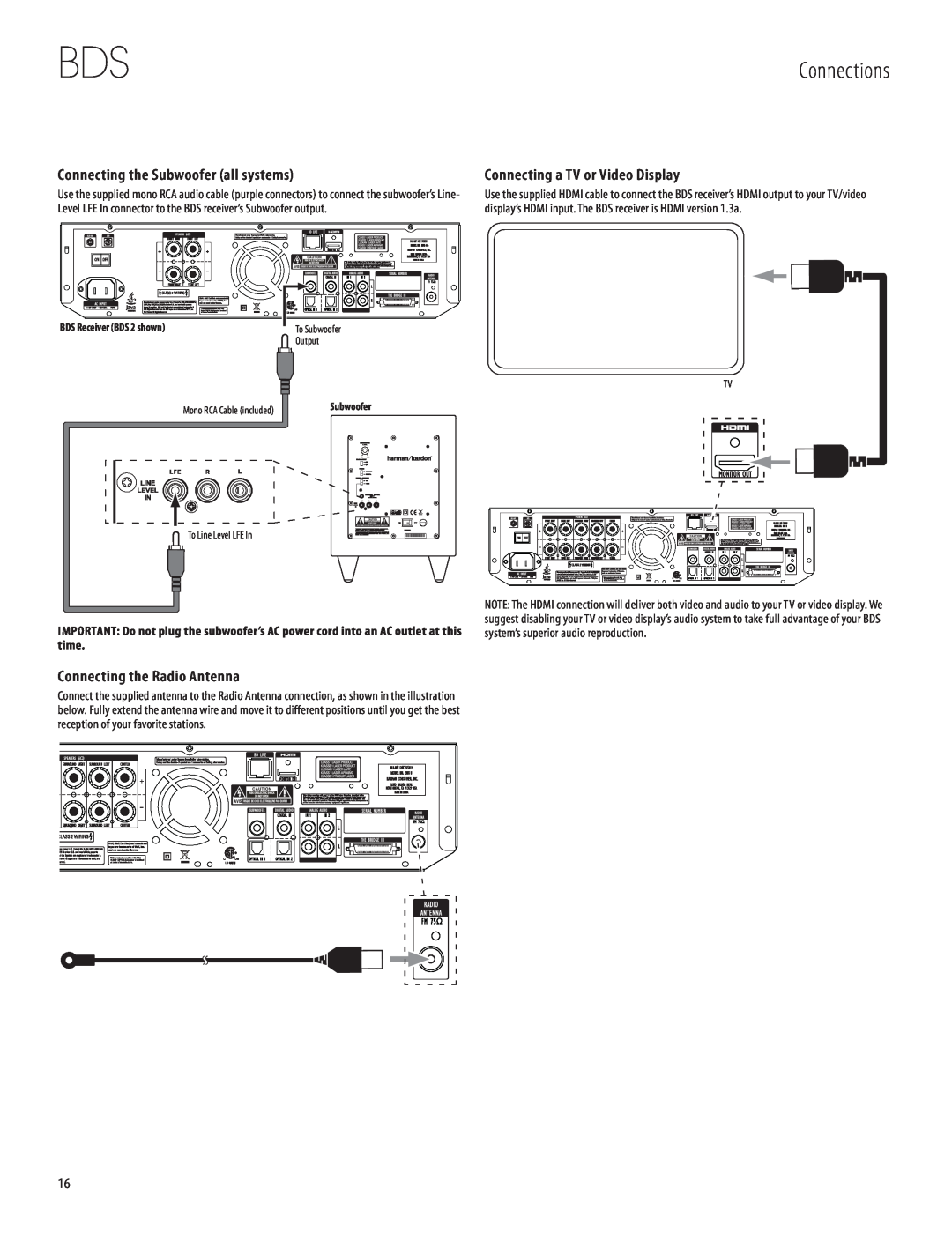 Harman-Kardon 950-0321-001 owner manual Connections, Connecting the Subwoofer all systems, Connecting a TV or Video Display 