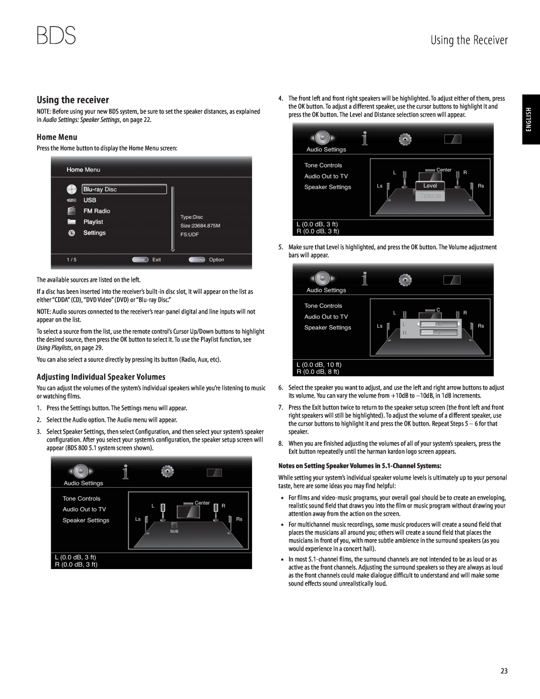 Harman-Kardon 950-0321-001 Using the Receiver, Using the receiver, Home Menu, Adjusting Individual Speaker Volumes 