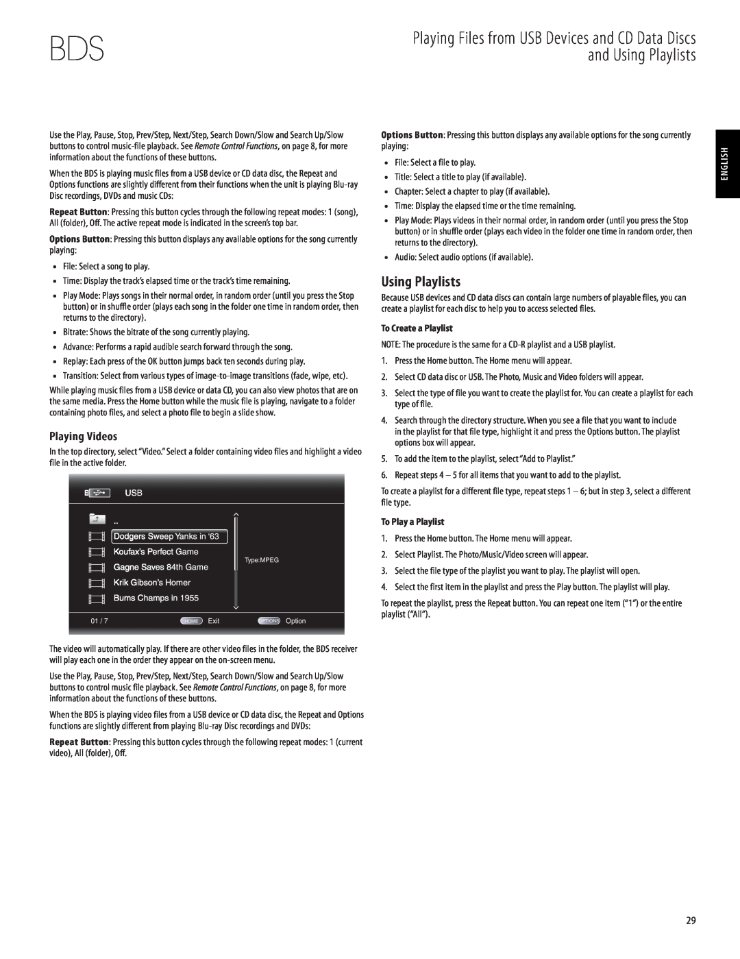Harman-Kardon 950-0321-001 owner manual Using Playlists, Playing Videos, English, To Create a Playlist, To Play a Playlist 