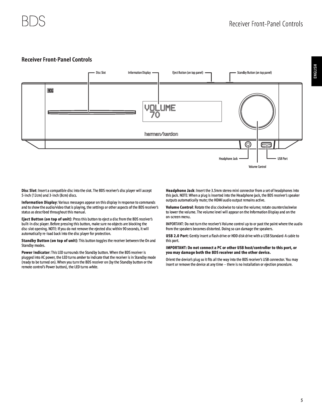 Harman-Kardon 950-0321-001 owner manual Receiver Front-PanelControls, English 
