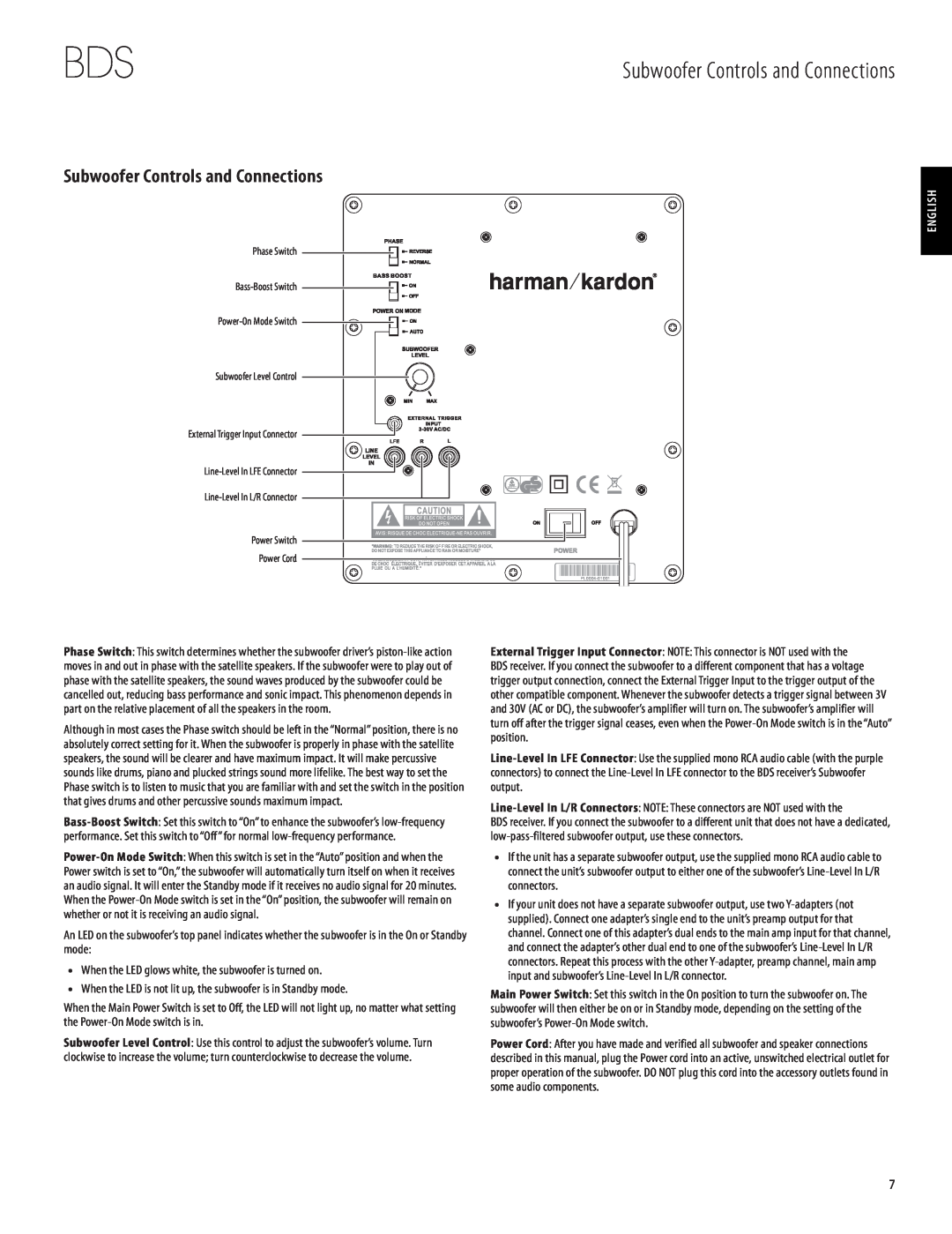 Harman-Kardon 950-0321-001 owner manual Subwoofer Controls and Connections 
