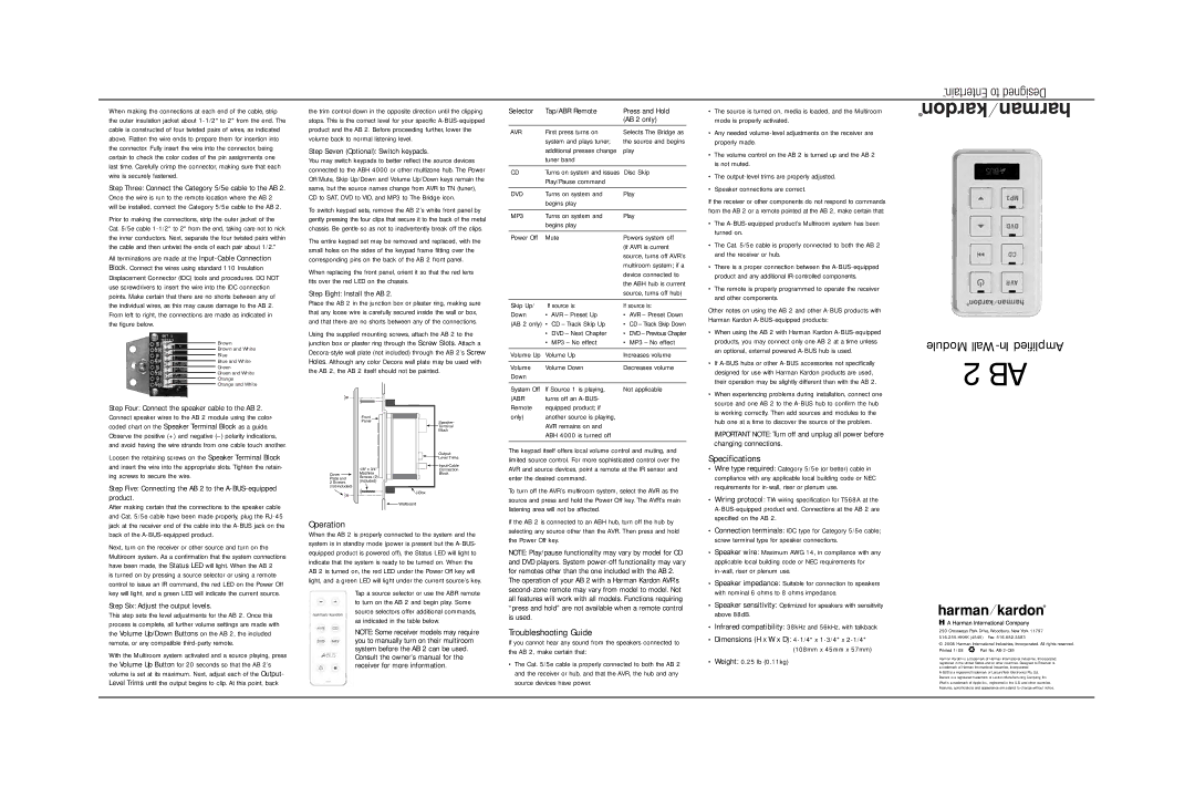 Harman-Kardon AB 2 owner manual Specifications, Operation, Troubleshooting Guide 