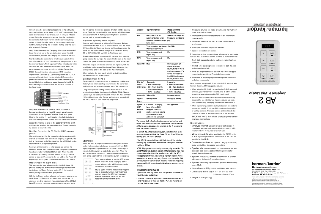 Harman-Kardon AB 2 owner manual Specifications, Operation, Troubleshooting Guide, 2 AB, Module Wall-InAmplified 