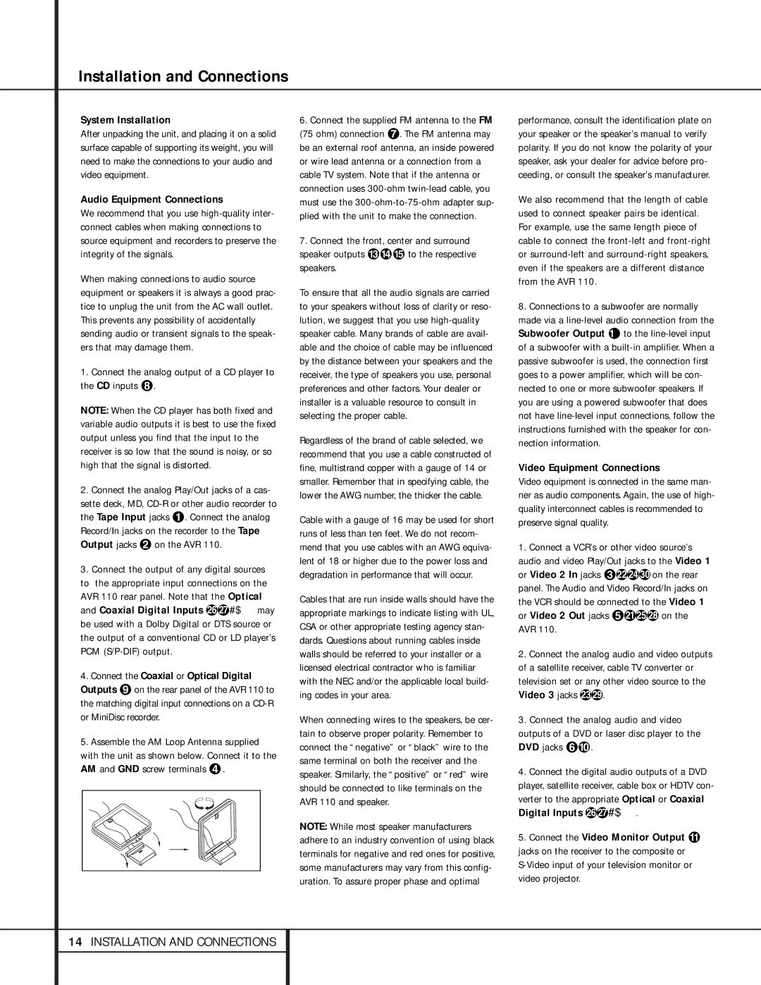 Harman-Kardon AVR 110 owner manual Installation and Connections, System Installation, Audio Equipment Connections 