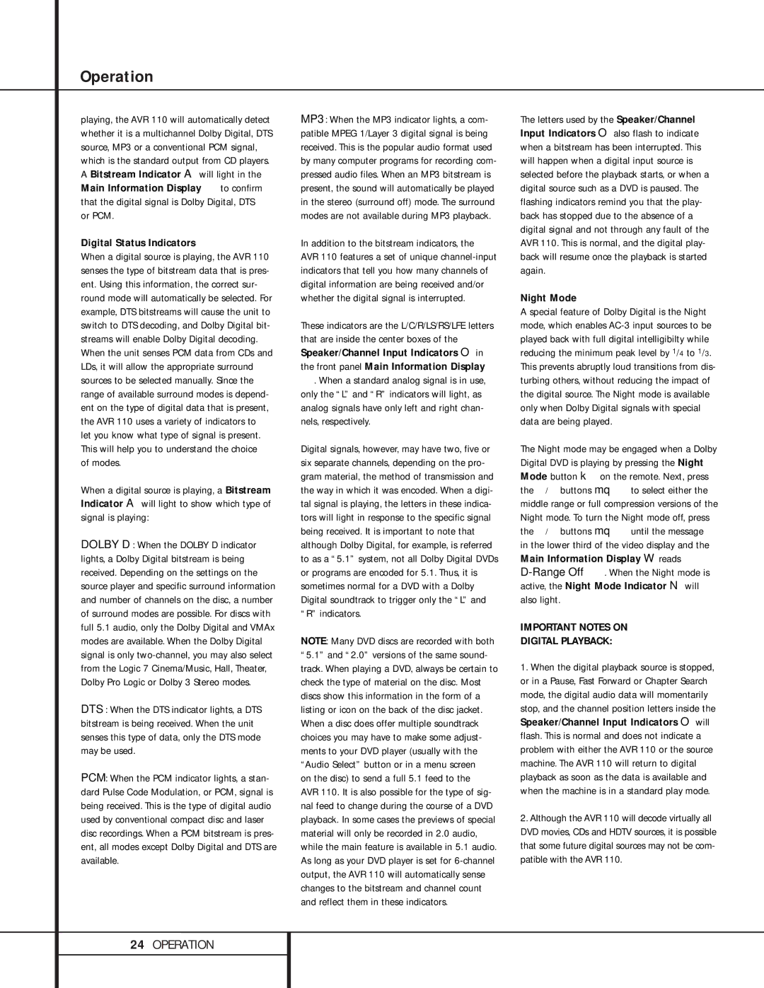 Harman-Kardon AVR 110 owner manual Or PCM, Digital Status Indicators, Addition to the bitstream indicators, Night Mode 