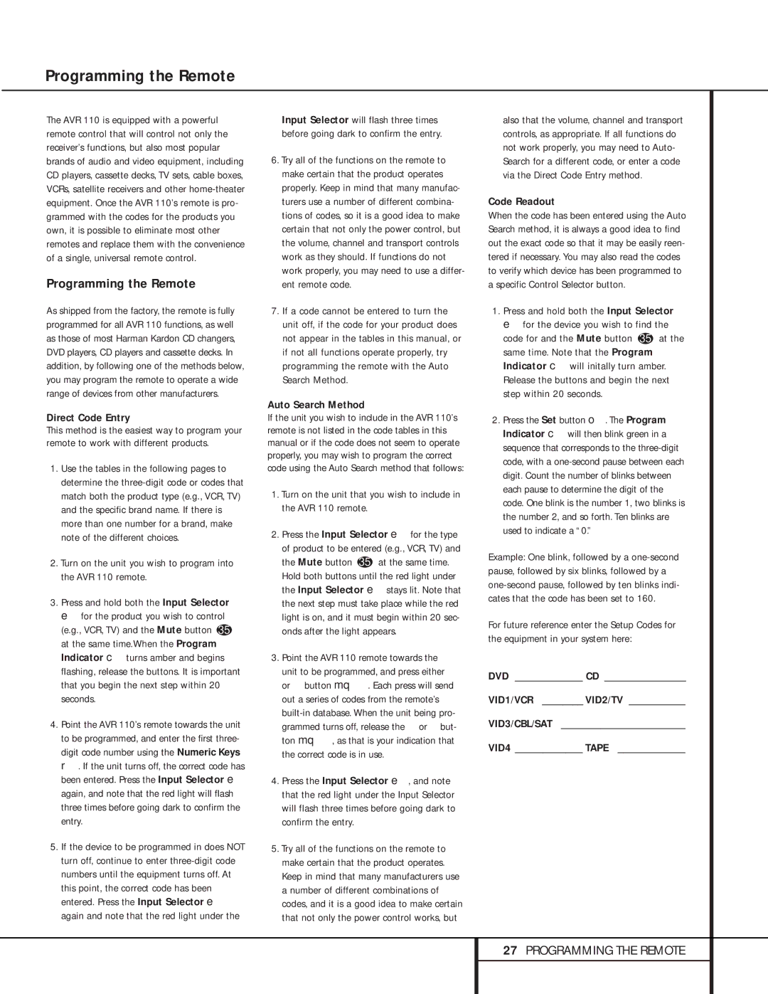 Harman-Kardon AVR 110 owner manual Programming the Remote 