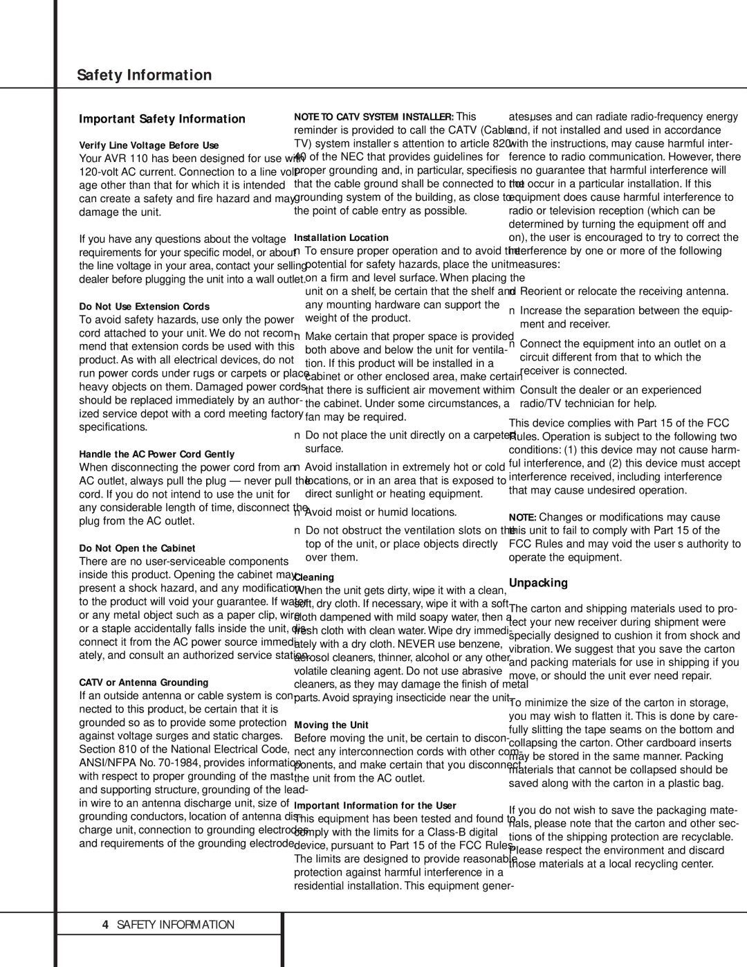 Harman-Kardon AVR 110 owner manual Important Safety Information, Unpacking 