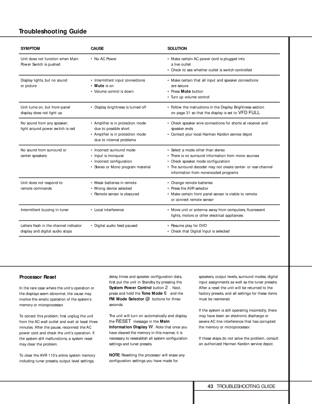 Harman-Kardon AVR 110 owner manual Troubleshooting Guide, Processor Reset, Information from nonencoded programs 