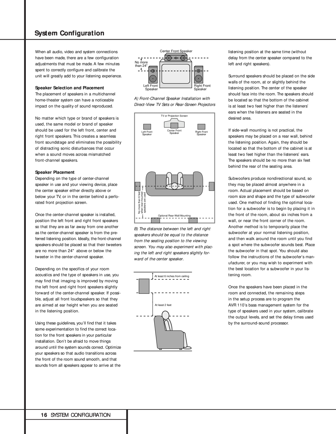 Harman-Kardon AVR 110 System Configuration, 16SYSTEM CONFIGURATION, Speaker Selection and Placement, Speaker Placement 