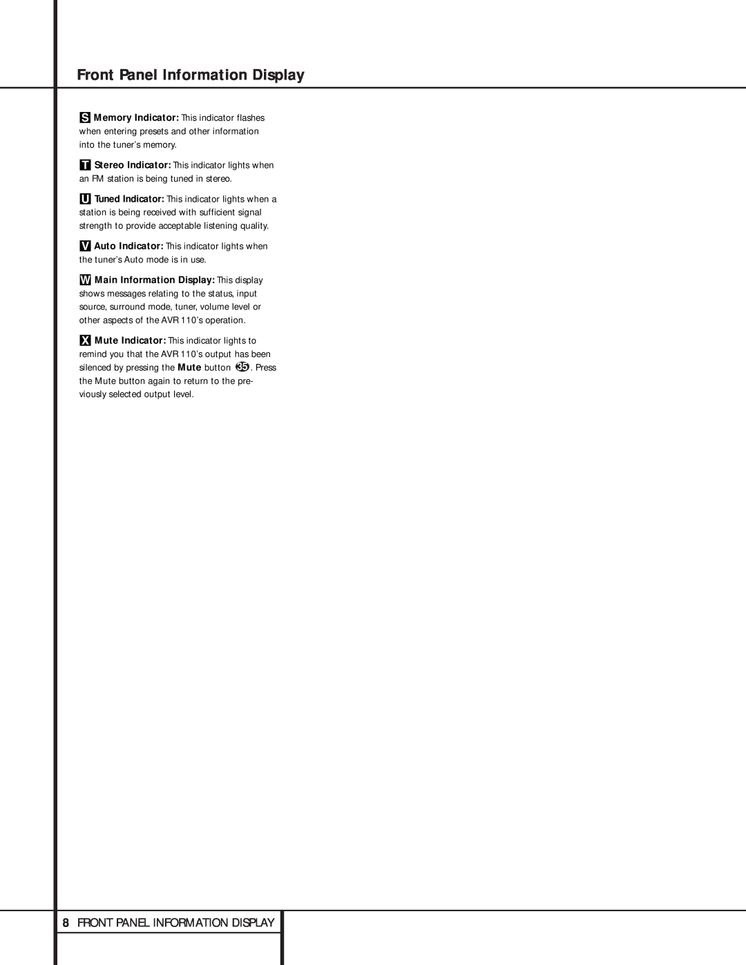 Harman-Kardon AVR 110 owner manual 8FRONT PANEL INFORMATION DISPLAY, Front Panel Information Display 