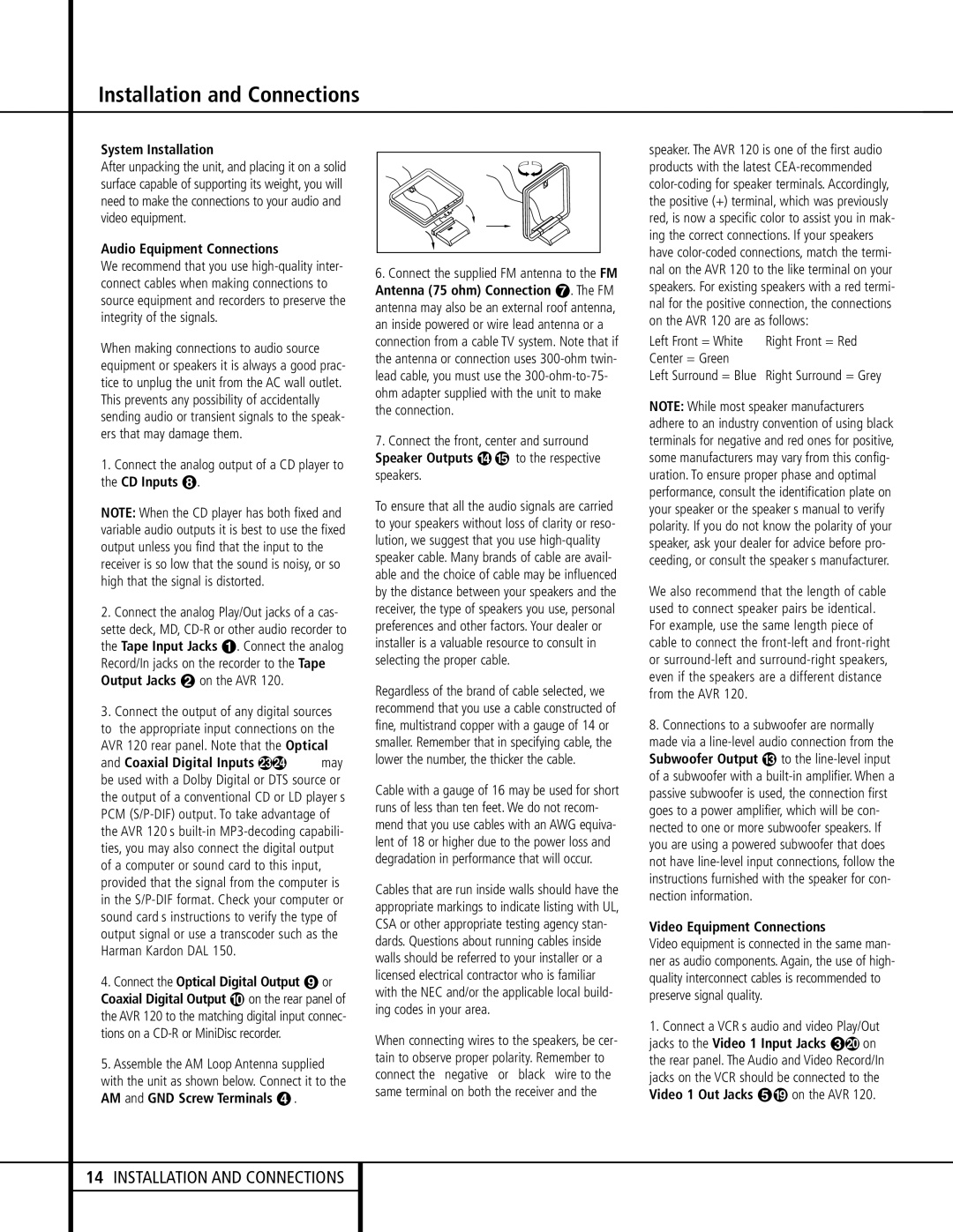 Harman-Kardon AVR 120 owner manual Installation and Connections, System Installation, Audio Equipment Connections 