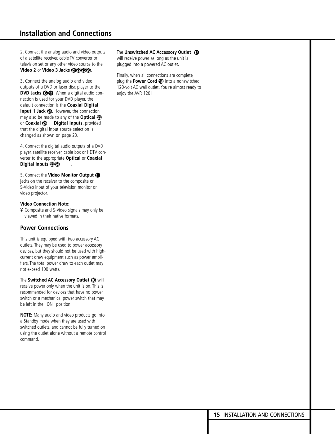 Harman-Kardon AVR 120 owner manual Power Connections 