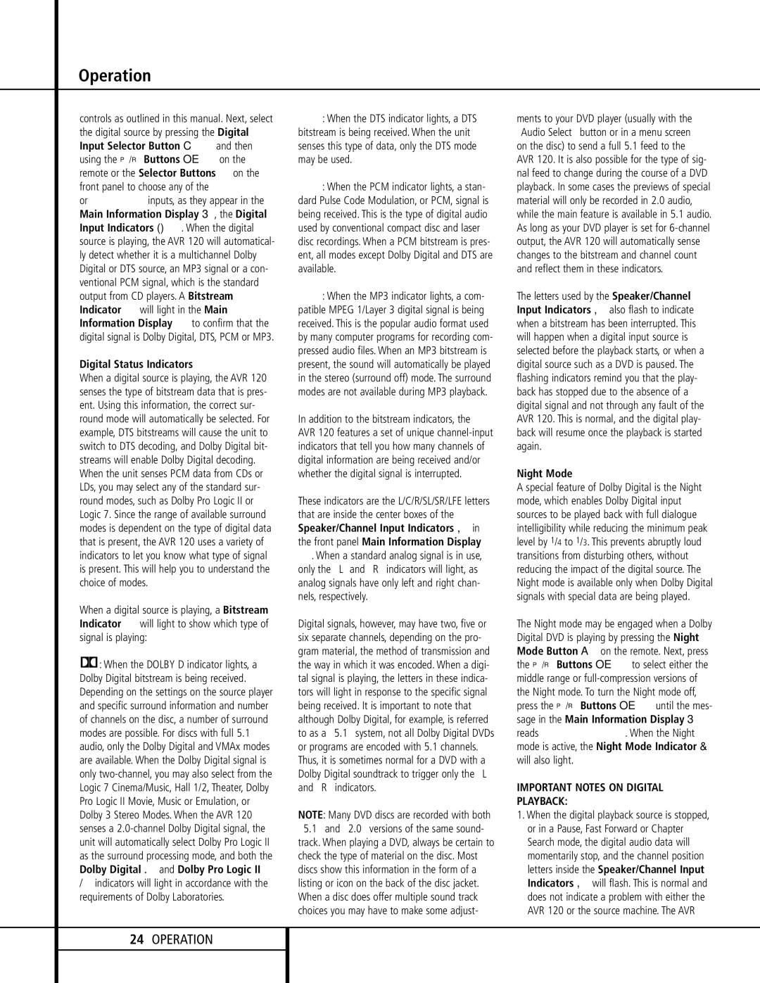 Harman-Kardon AVR 120 owner manual Digital Status Indicators, Addition to the bitstream indicators, Night Mode 