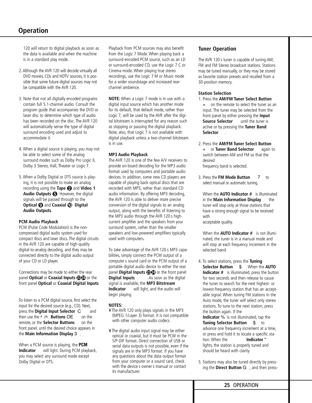 Harman-Kardon AVR 120 owner manual Tuner Operation, PCM Audio Playback, MP3 Audio Playback, Station Selection 