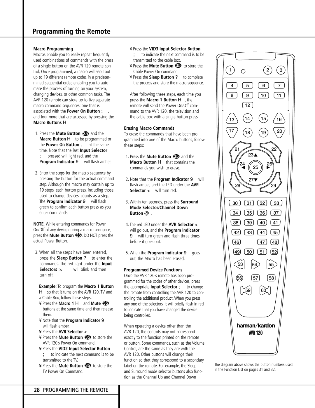 Harman-Kardon AVR 120 owner manual Macro Programming, Erasing Macro Commands, Mode Selector/Channel Down Button j 