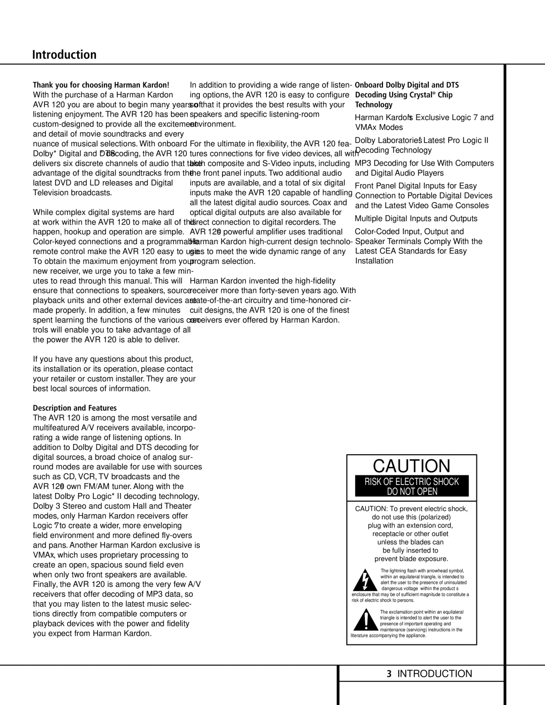 Harman-Kardon AVR 120 owner manual Introduction, While complex digital systems are hard, Description and Features 