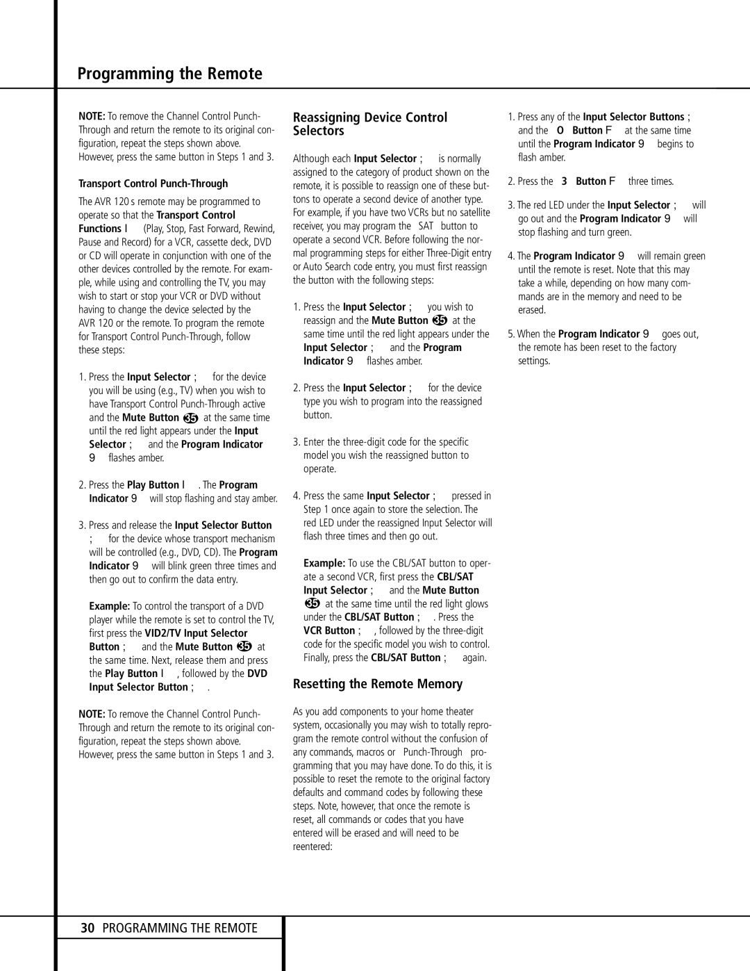 Harman-Kardon AVR 120 Reassigning Device Control Selectors, Resetting the Remote Memory, Transport Control Punch-Through 