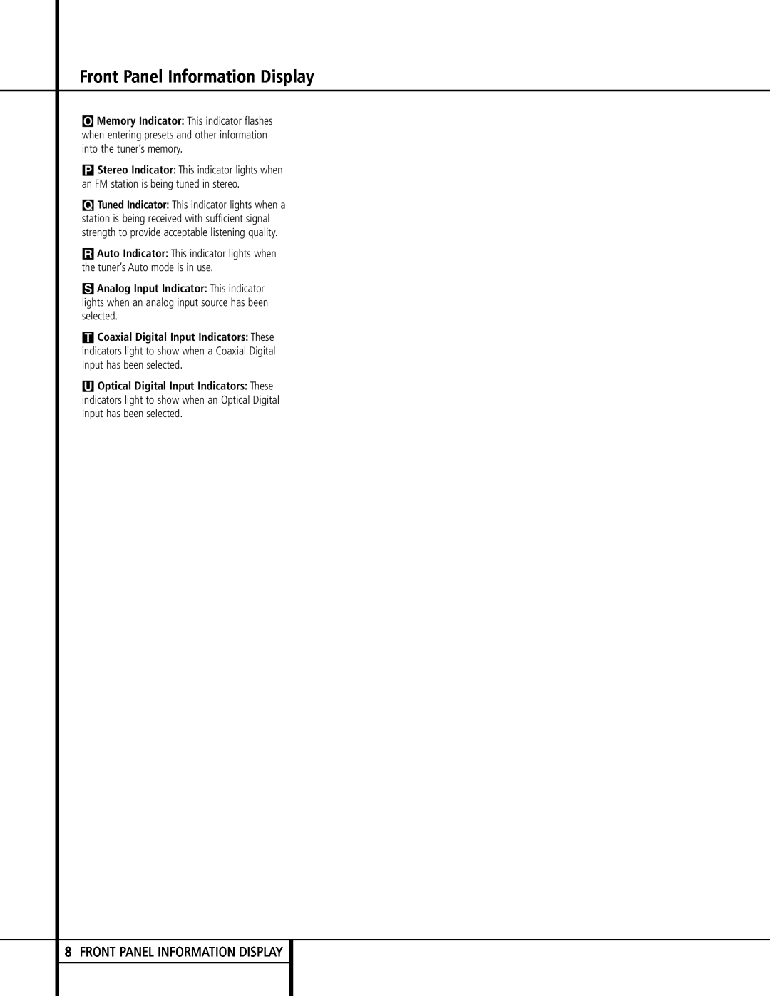 Harman-Kardon AVR 120 owner manual 8FRONT PANEL INFORMATION DISPLAY, Front Panel Information Display 