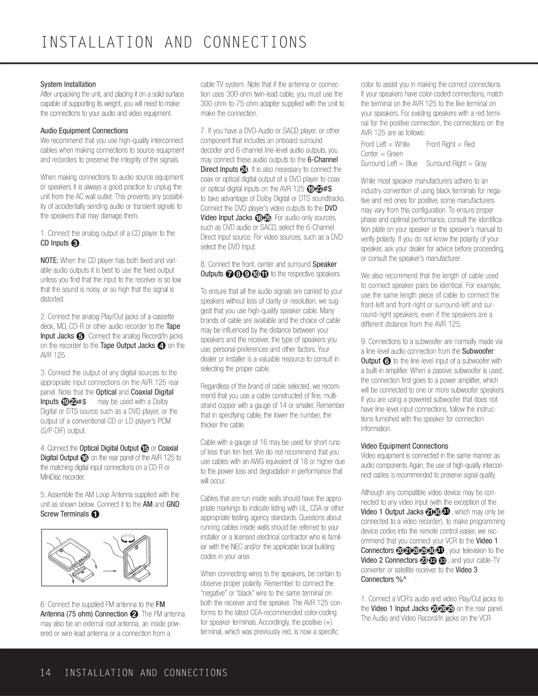 Harman-Kardon AVR 125 Installation and Connections, Connect the analog output of a CD player to the CD Inputs £ 