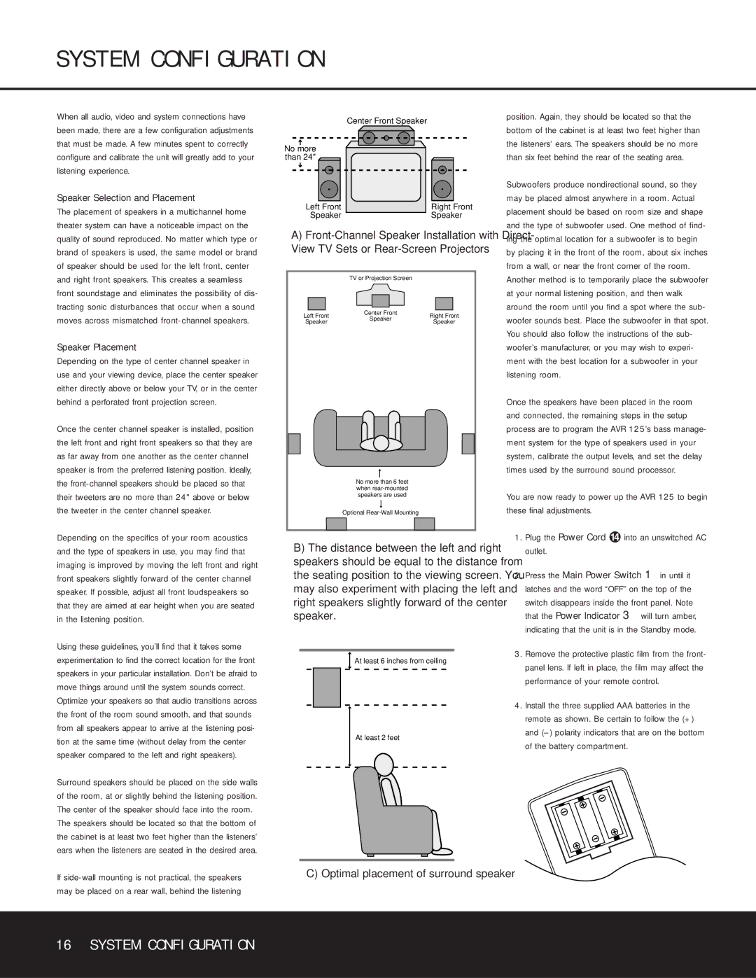 Harman-Kardon AVR 125 owner manual System Configuration, Speaker Placement 