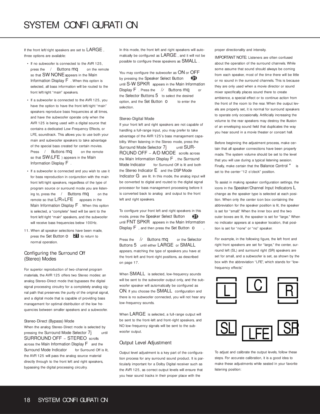 Harman-Kardon AVR 125 Configuring the Surround Off Stereo Modes, Output Level Adjustment, Stereo-Direct Bypass Mode 