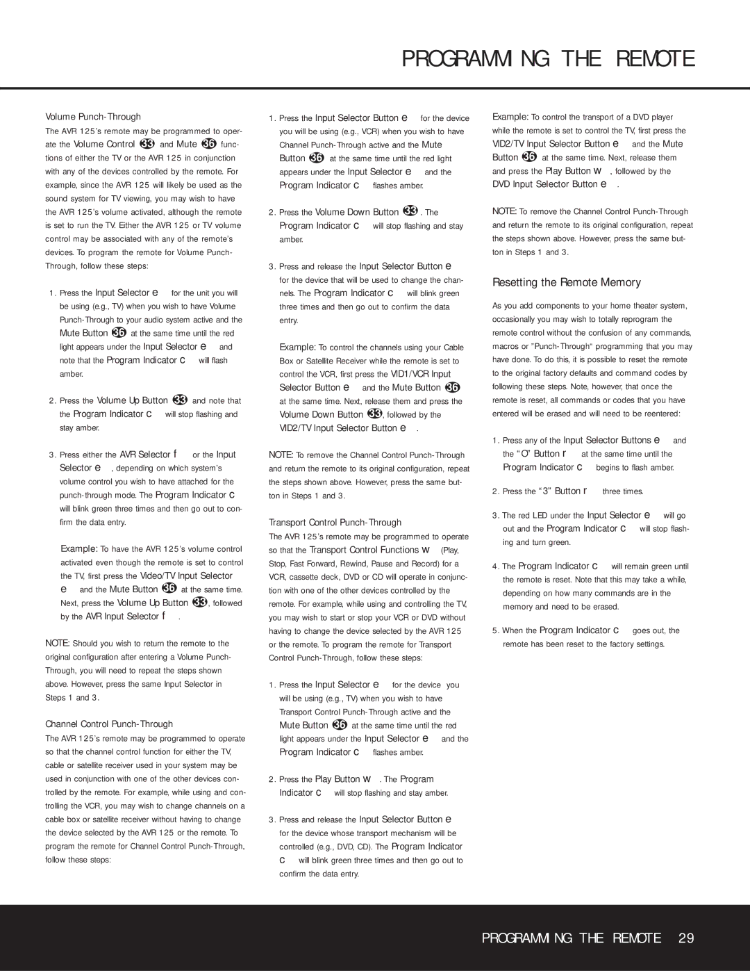 Harman-Kardon AVR 125 owner manual Resetting the Remote Memory, Volume Punch-Through 