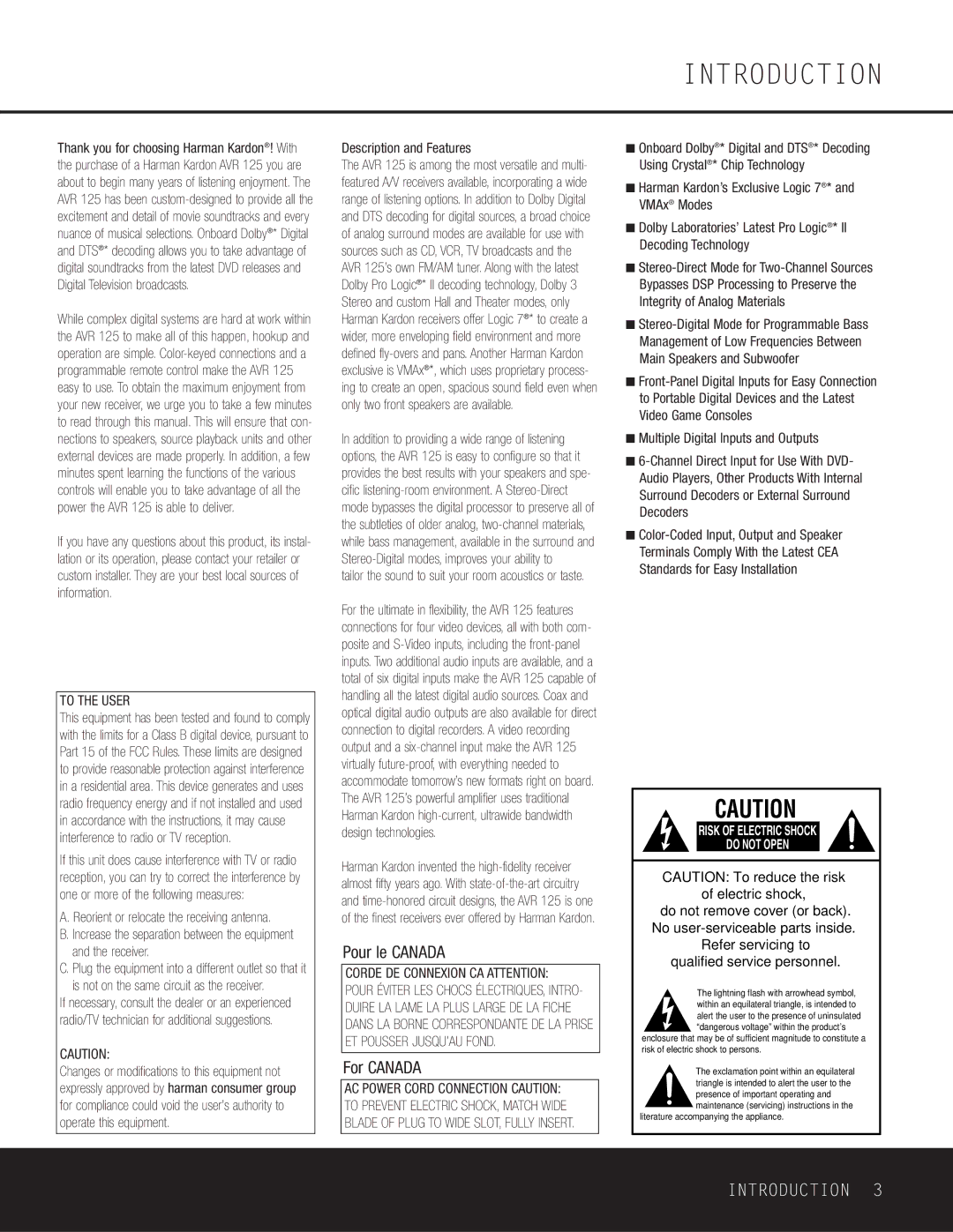 Harman-Kardon AVR 125 owner manual Introduction, Pour le Canada, For Canada, To the User, Corde DE Connexion CA Attention 