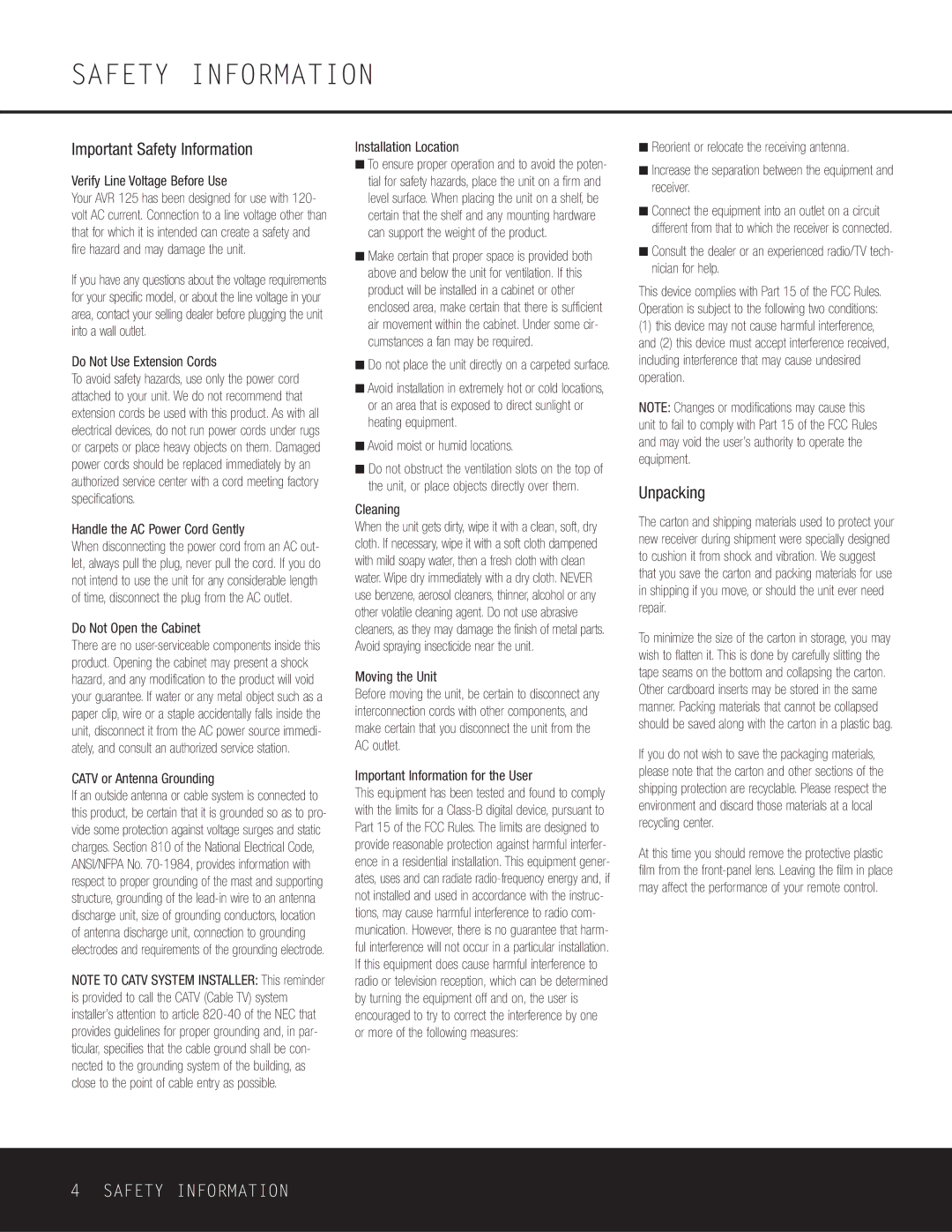 Harman-Kardon AVR 125 owner manual Important Safety Information, Unpacking 