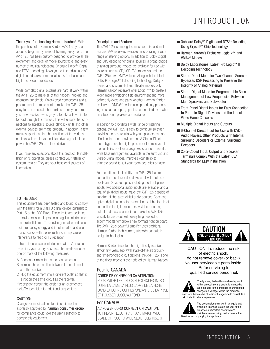 Harman-Kardon AVR 125 owner manual Introduction, Pour le CANADA, For CANADA, Risk Of Electric Shock Do Not Open 