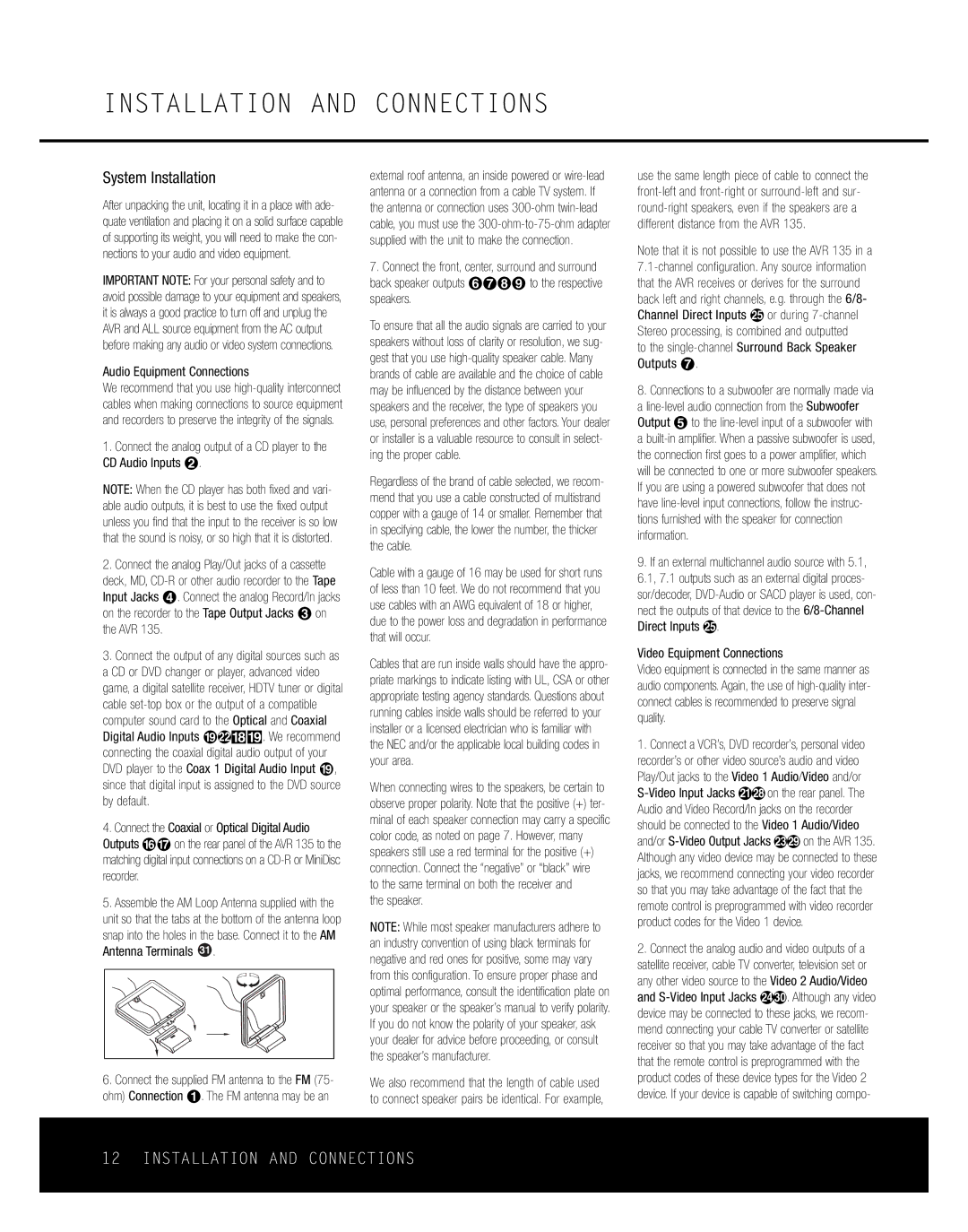 Harman-Kardon AVR 135 owner manual Installation and Connections, System Installation, Audio Equipment Connections 