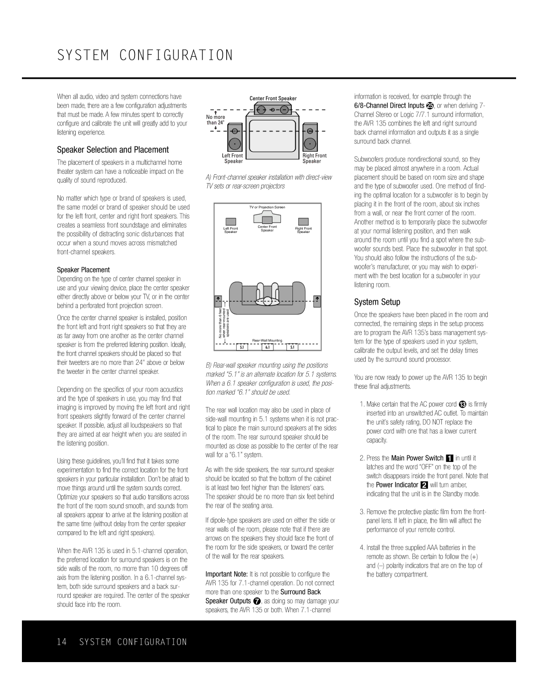 Harman-Kardon AVR 135 owner manual System Configuration, Speaker Selection and Placement, System Setup, Speaker Placement 