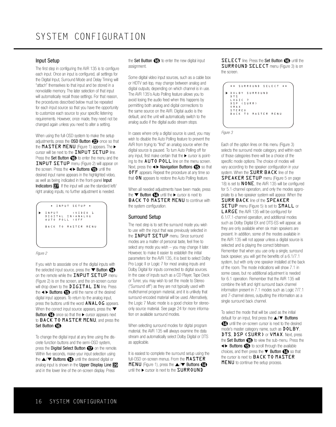 Harman-Kardon AVR 135 owner manual Input Setup, Surround Setup, Set Button p to enter the new digital input assignment 