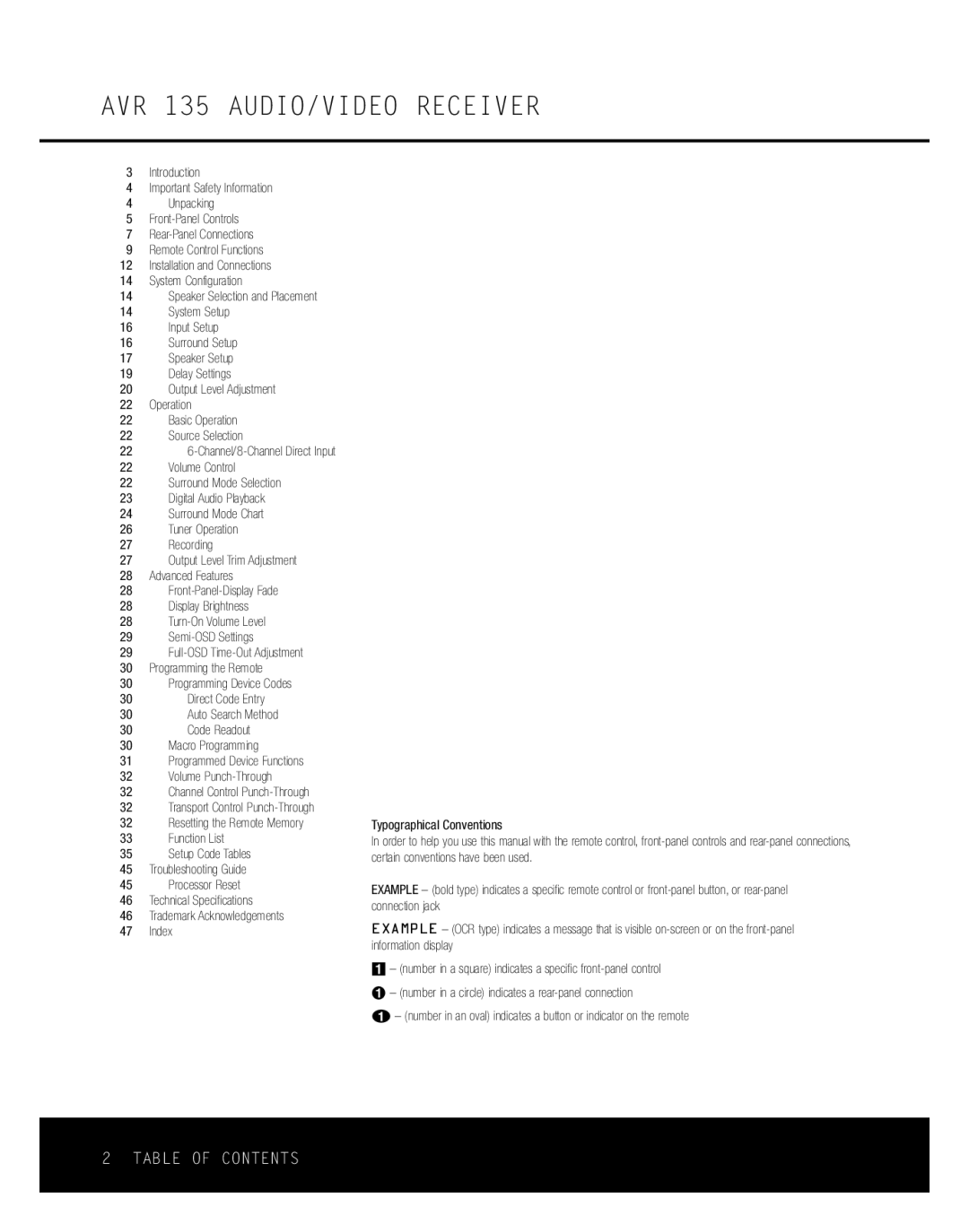 Harman-Kardon owner manual AVR 135 AUDIO/VIDEO Receiver, Table of Contents 