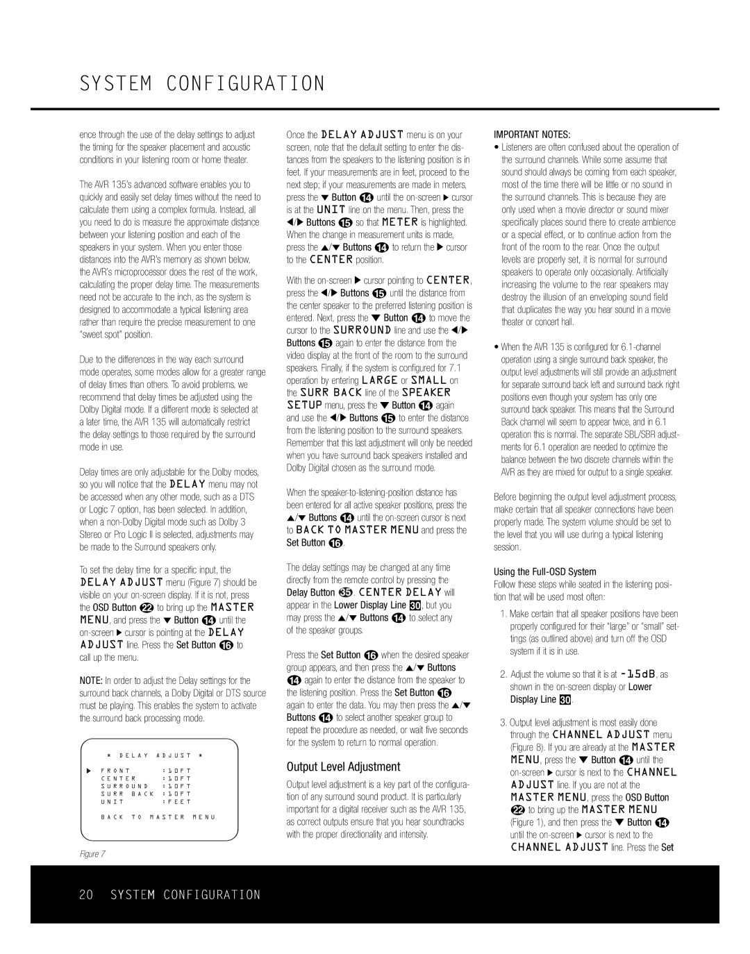 Harman-Kardon AVR 135 owner manual Output Level Adjustment, Important Notes 