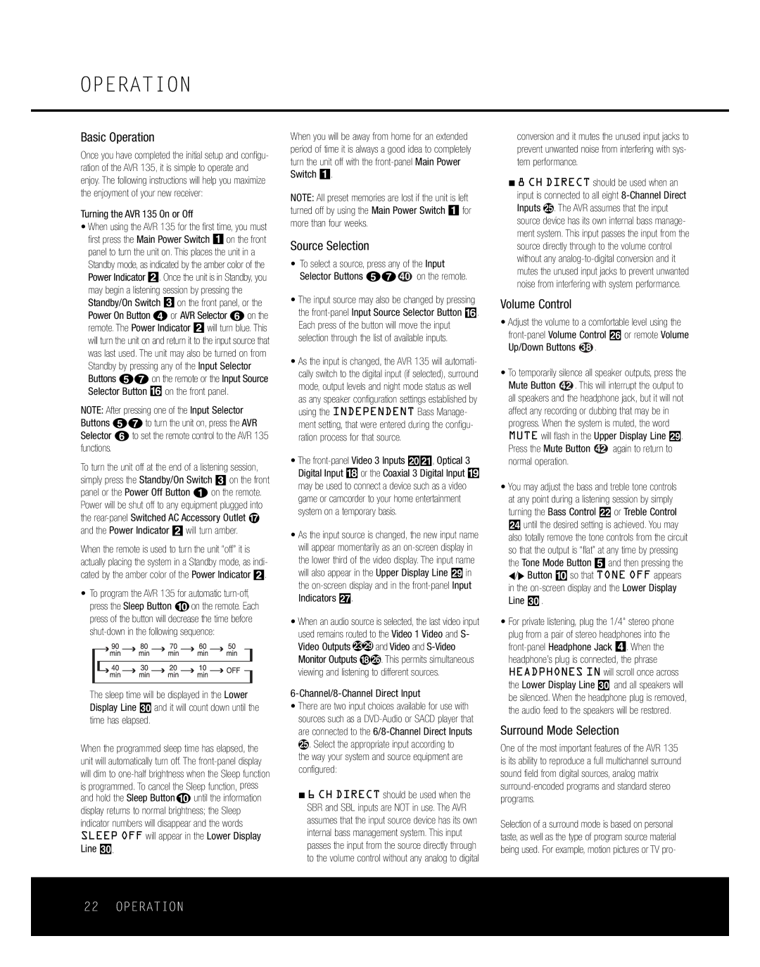 Harman-Kardon AVR 135 owner manual Basic Operation, Source Selection, Volume Control, Surround Mode Selection 