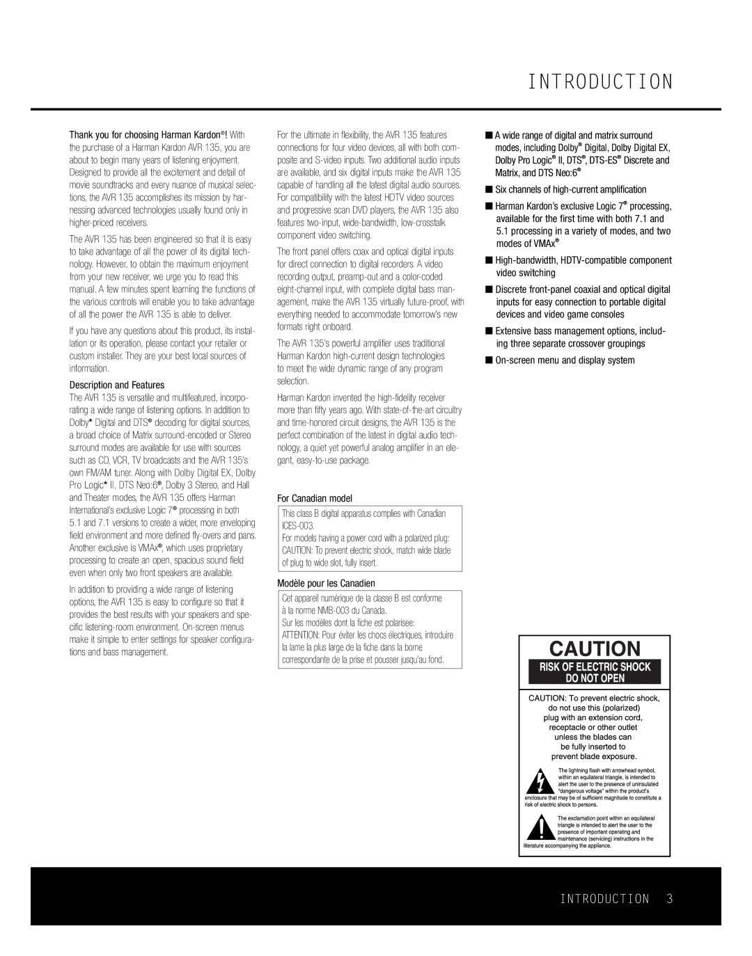 Harman-Kardon AVR 135 Introduction, Description and Features, Modèle pour les Canadien, On-screen menu and display system 