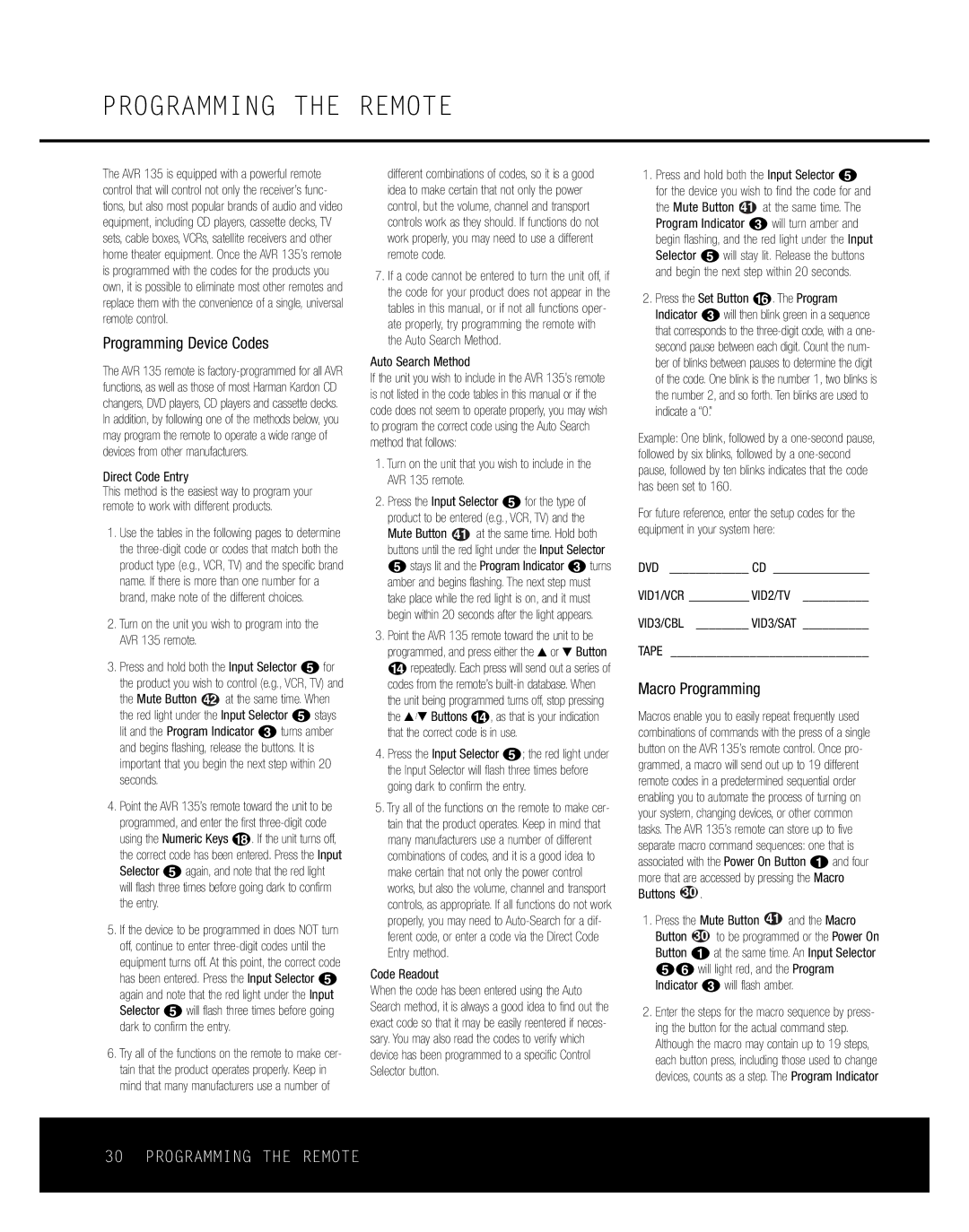 Harman-Kardon AVR 135 owner manual Programming the Remote, Programming Device Codes, Macro Programming 