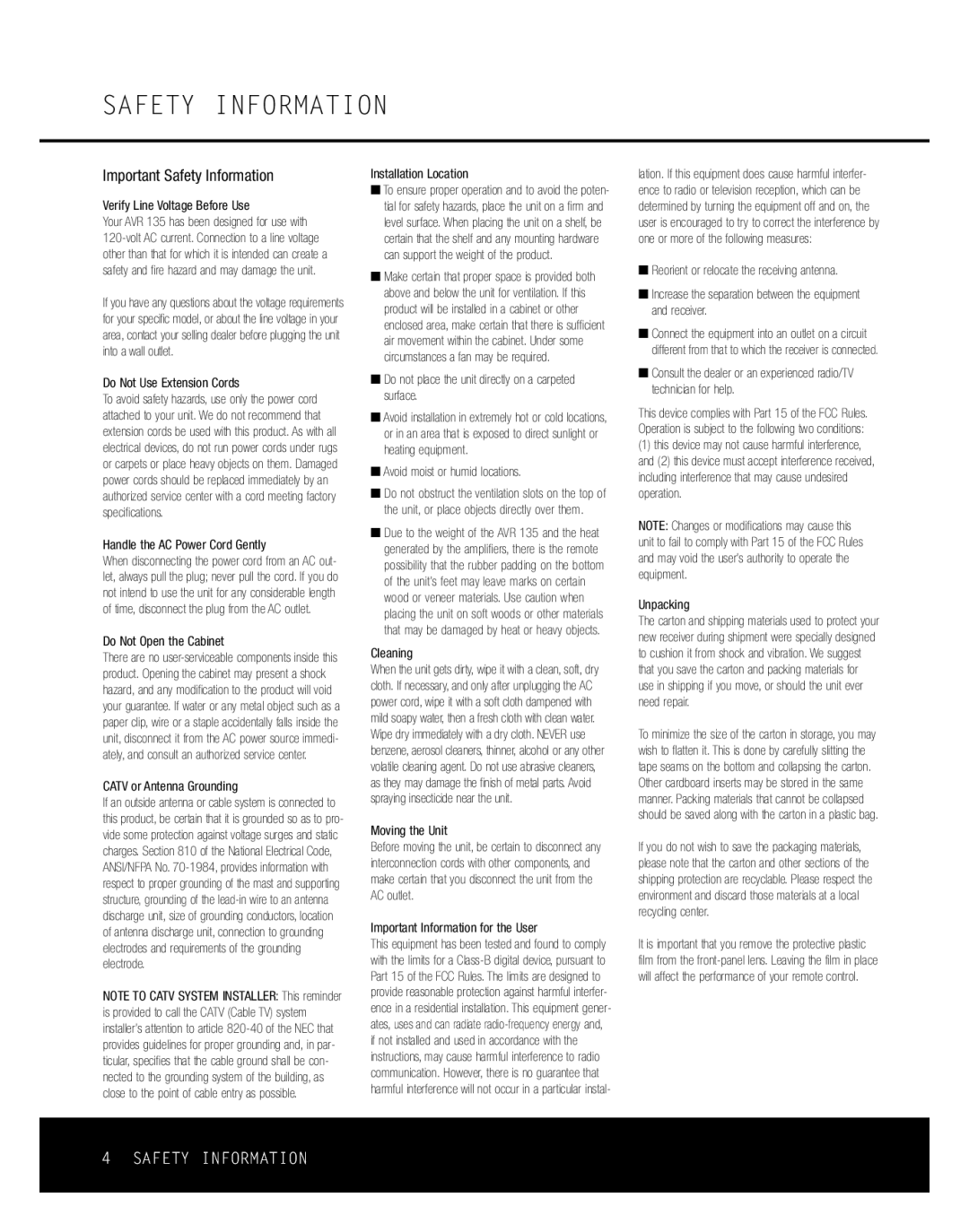 Harman-Kardon AVR 135 owner manual Important Safety Information 