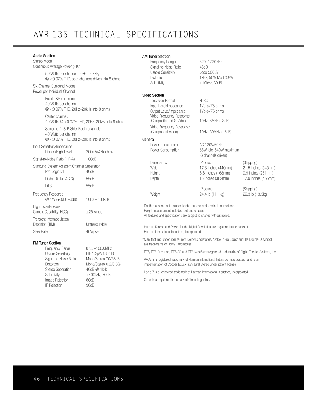 Harman-Kardon owner manual AVR 135 Technical Specifications, Ntsc 