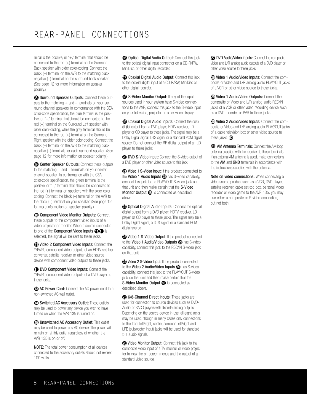 Harman-Kardon AVR 135 owner manual REAR-PANEL Connections 