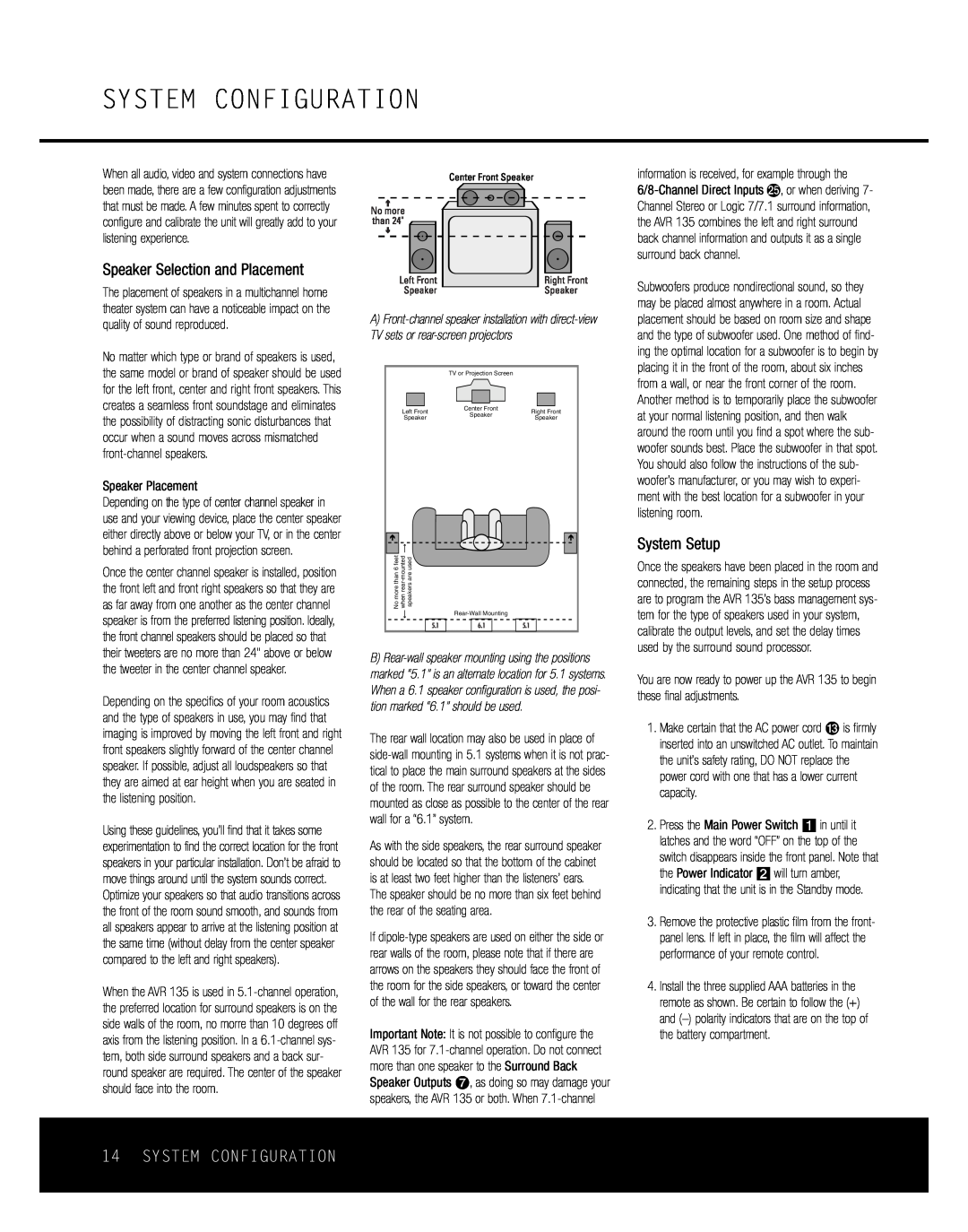 Harman-Kardon AVR 135 owner manual System Configuration, Speaker Selection and Placement, System Setup 