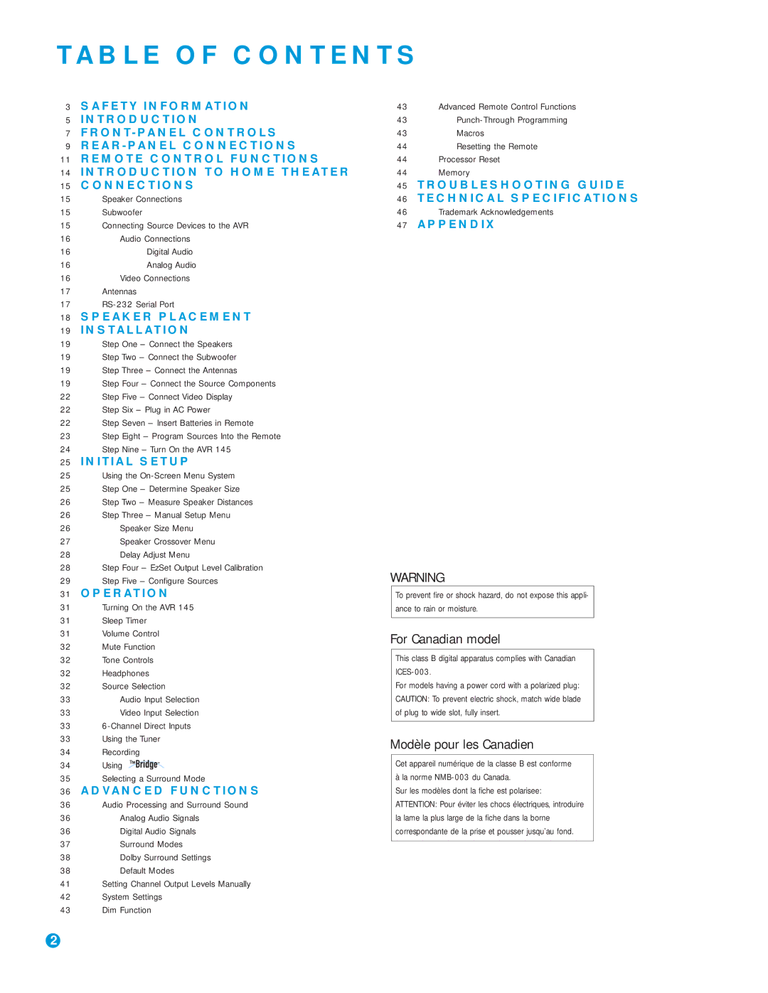 Harman-Kardon AVR 145 owner manual Table of Contents 