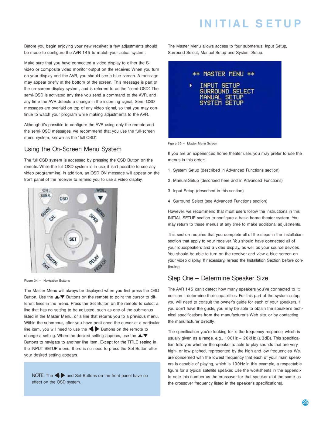 Harman-Kardon AVR 145 owner manual Initial Setup, Using the On-Screen Menu System, Step One Determine Speaker Size 